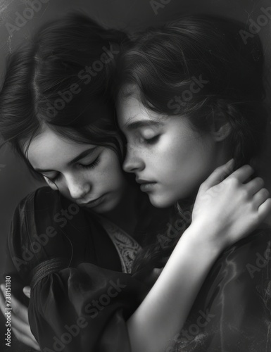 a black and white photo of two young women embracing each other with their eyes closed and their arms wrapped around each other.