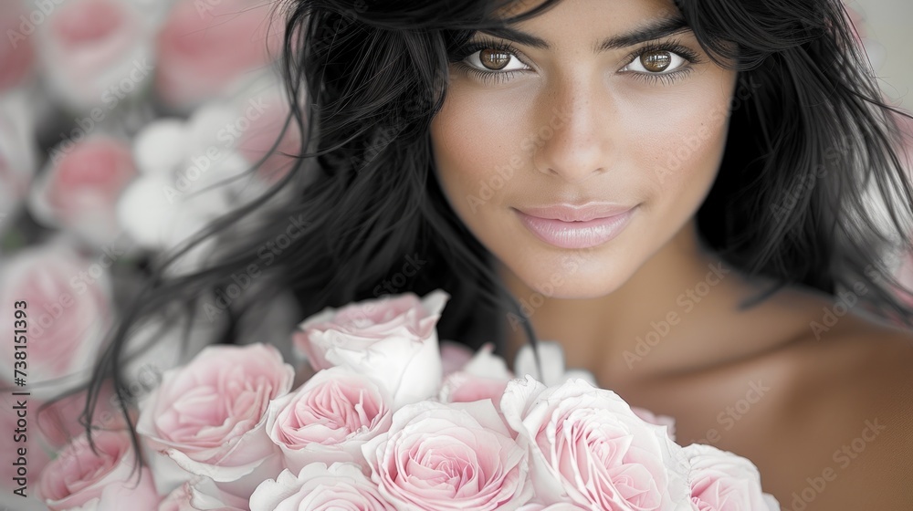 a woman with long black hair holding a bouquet of roses in front of her face and looking at the camera.