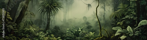 Dark jungle landscape in watercolor style.