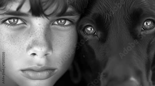 a black and white photo of a woman and a dog with freckles of freckles on her face. photo