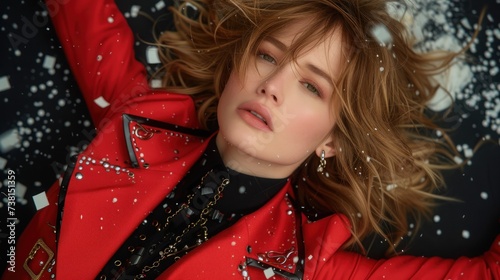 a woman in a red jacket laying on top of a black and white background with snow falling all over her. photo