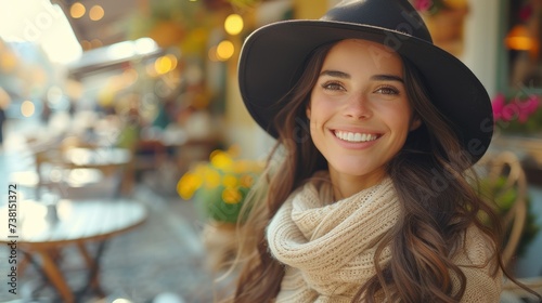 a woman wearing a black hat and a scarf and a scarf around her neck is smiling and looking at the camera. photo