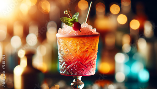 Glistening Cocktail in an Ornate Glass Basking in Golden Hour Light photo
