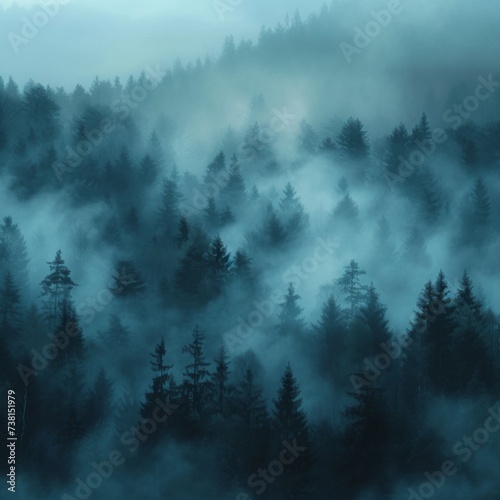 A pine forest enveloped in an ethereal fog in blue undertone