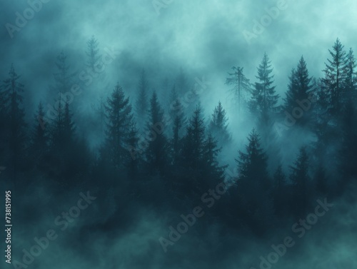 A pine forest enveloped in an ethereal fog in blue undertone © Simone