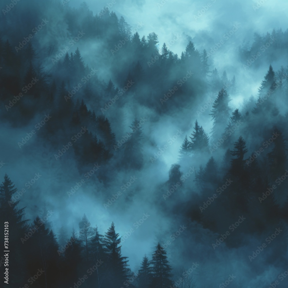 A pine forest enveloped in an ethereal fog in blue undertone - obrazy, fototapety, plakaty 
