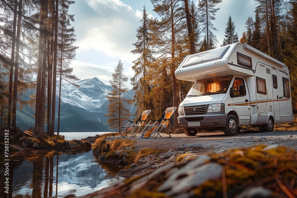 The majestic landscape features an RV parked amidst the forest, with a stunning backdrop of snow-capped mountains and clear sky