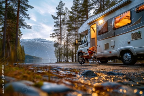 A luxury recreational vehicle parked in a picturesque forest setting near a serene lake reflecting the tranquil wilderness