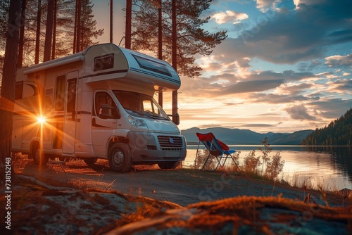 A serene sunset view of a camper van parked by the lake with empty chairs beckoning the beauty of outdoors and adventure photo
