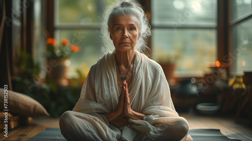 Elderly woman sitting on yoga mat in lotus position photo