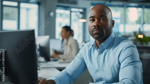 Confident individual at a workstation with multiple computer monitors in a modern office.