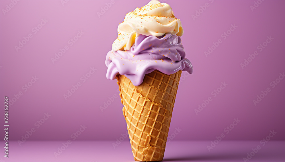 Indulgence in summer colorful ice cream cones melting on wafer generated by AI Indulgence in summer colorful ice cream cones melting on wafer generated by AI
