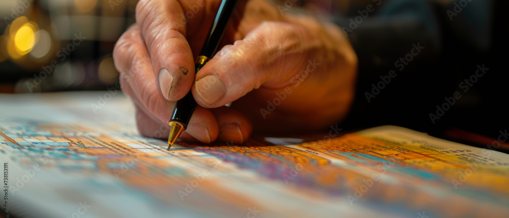 Obraz premium A person writing on a chart in front of graphs