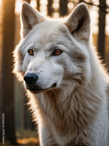 close up portrait of a white wolf in the forest at sunset. wildlife