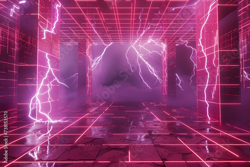 3D render of an interconnected wireframe grid enveloped in a neon aura intermittently electrified by bolts of lightning photo