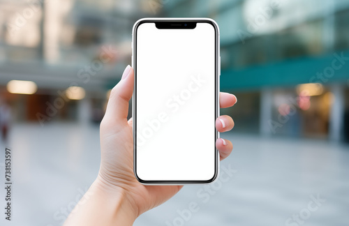 Photograph of a Hand Holding a Smartphone with a White Screen, Against a Street Background, Creating a Mockup Effect, Perfect for Technology Advertisements, Mobile App Promotions, Digital Marketing
