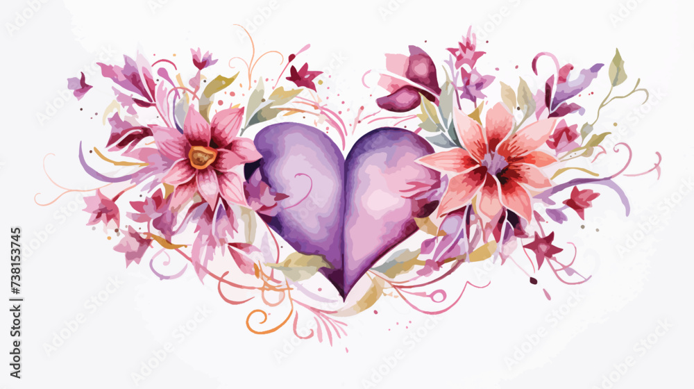 Watercolor hearts and flowers on white backgroun