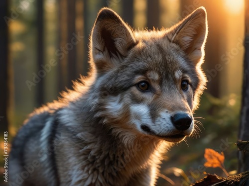 portrait of a little gray wolf in the forest at sunset. wildlife