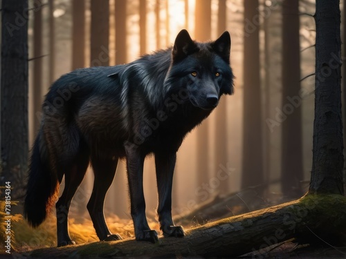 portrait of a black wolf in the forest at sunset. wildlife
