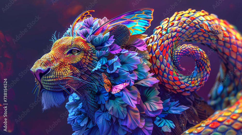 The combined heads of a lion and a snake morphed with a butterfly depicted in a vibrant 3D render