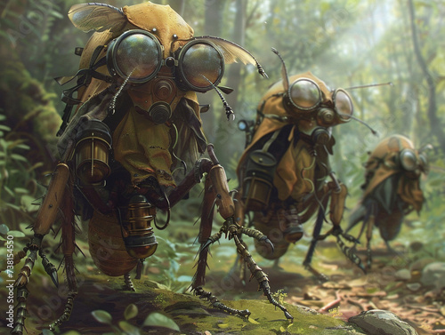 Unusual insect expedition Imagine a unique illustration where a group of explorers encounter an extraordinary insect species adorned with elaborate gas masks