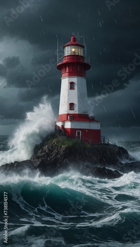 A photo of a lighthouse in the middle of a terrible storm, heavy rain and violent waves, digitalart