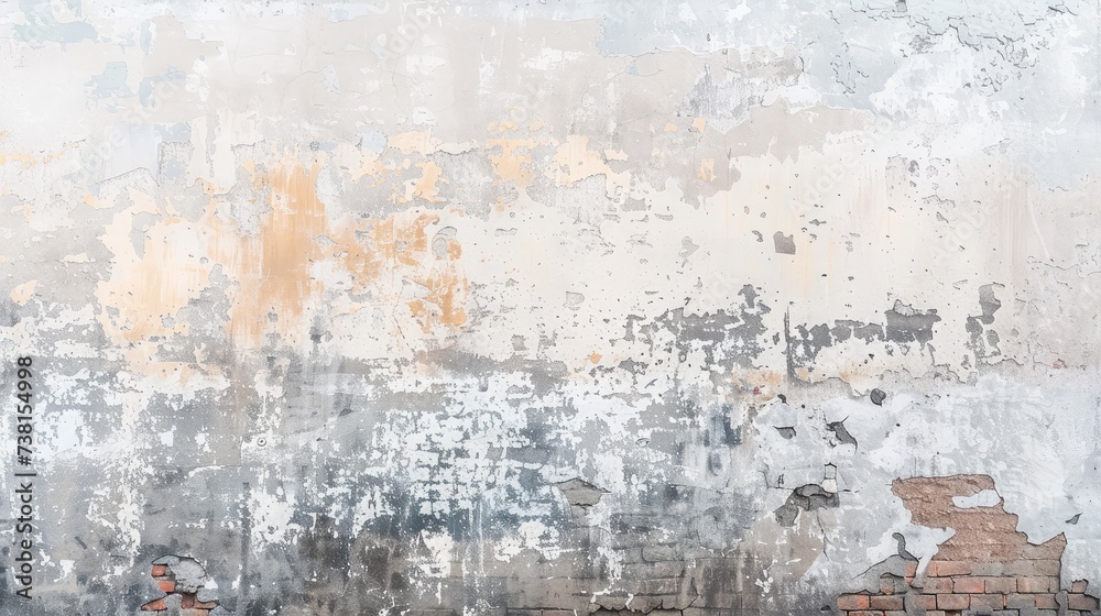 Empty Old Brick Wall Texture. Painted Distressed Wall Surface. Grungy Wide Brickwall. Grunge white Stonewall Background. Shabby Building Facade With Damaged Plaster. Abstract Web Banner. Copy Space