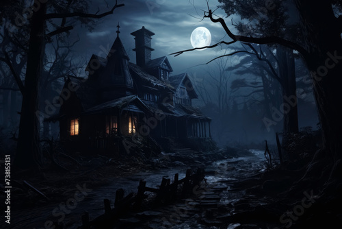 Haunted House in Creepy Forest at Night