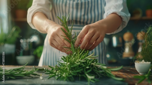 Hands of female food stylist doing quality check of rosemary herb at table