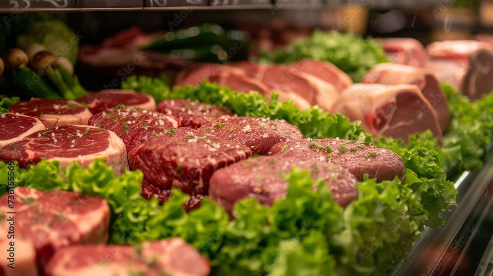 A display of various cuts of raw meat in a butcher's refrigerated case, with labels and green lettuce garnish on the side. A display of various cuts of raw meat in a butcher's refrigerated case, with labels and green lettuce garnish on the side.