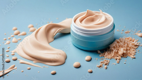 Cosmetic product closeup with textures on a blue background without logo. Cosmetic jar for face or body cream. Natural cosmetics for branding layout concept.  .Illustration. Generative AI