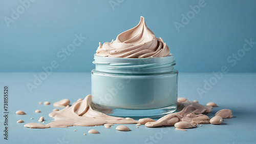 Cosmetic product with textures on a blue background without logo. Cosmetic jar for face or body cream. Natural cosmetics for branding layout concept. Cosmetics and beauty .Illustration.Generative AI