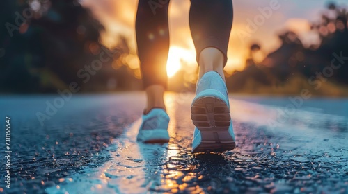 Runner athlete feet running on road. woman fitness silhouette sunrise jog workout wellness concept.