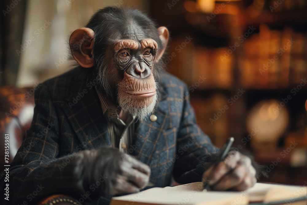 Monkey wearing suit in office  Businessman monkey sitting at office