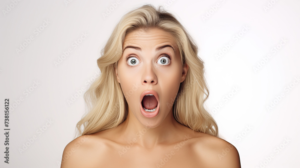 a beautiful blonde woman wearing black shirt expressing happiness emotion with her mouth laughing and big wide open eyes. isolated on white background