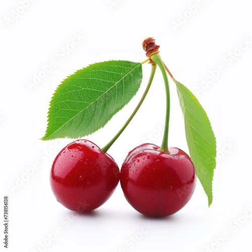 cherry with leaves isolated on white background