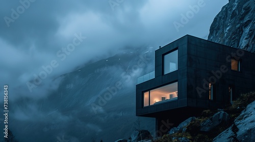 Sleek Modern Mansion Perched on Cliff Edge Overlooking Misty Mountains, Space For Copy Text