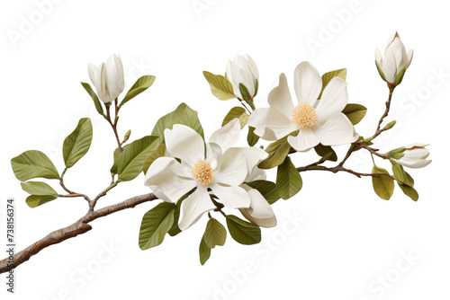 Branch With White Flowers and Green Leaves. A branch adorned with delicate white flowers and vibrant green leaves.