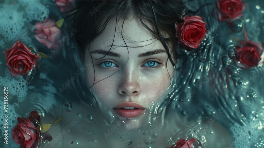 Girl underwater with roses, romantic goth