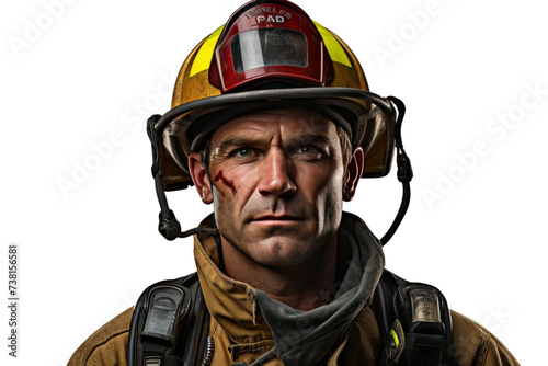 Fireman With Blood on His Face. A man wearing a fireman helmet with blood on his face.