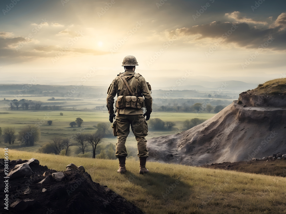 A soldier stands guard atop a hill overlooking a demolished battlefield, with a broad banner featuring world war concepts and a copyspace region design. A soldier stands guard atop a hill overlooking a demolished battlefield, with a broad banner featuring world war concepts and a copyspace region design.