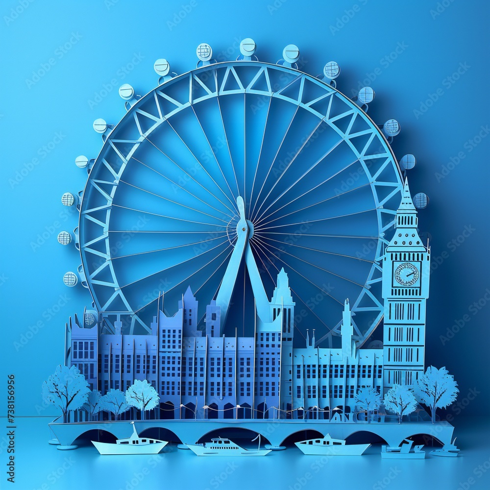 ferris wheel, london, model, papercraft, blue