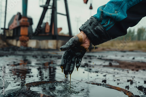 discovery or finding oil, one of the most important and rarest commodities in the world, hand holding or touch oil