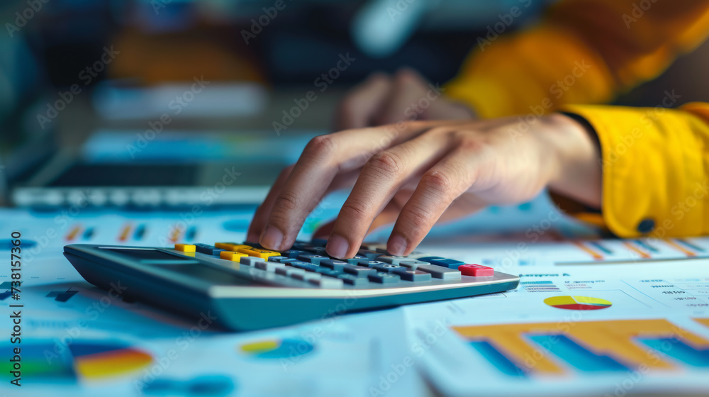Fototapeta premium Hands using a calculator over financial documents, with colorful graphs and a laptop on the desk, reflecting a scene of business analysis and budget planning.