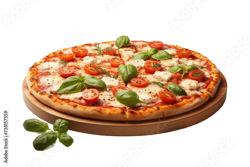 Pizza on Wooden Cutting Board. A pizza with melted cheese and various toppings is placed on top of a solid wooden cutting board.