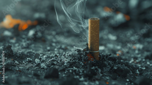 A discarded cigarette butt stands amidst ashes, embodying the health risks associated with smoking and the importance of cessation efforts.