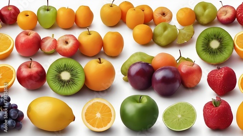 Isolated fruits in a line. Rainbow made of fresh fruits and vegetables isolated on white background with clipping path
