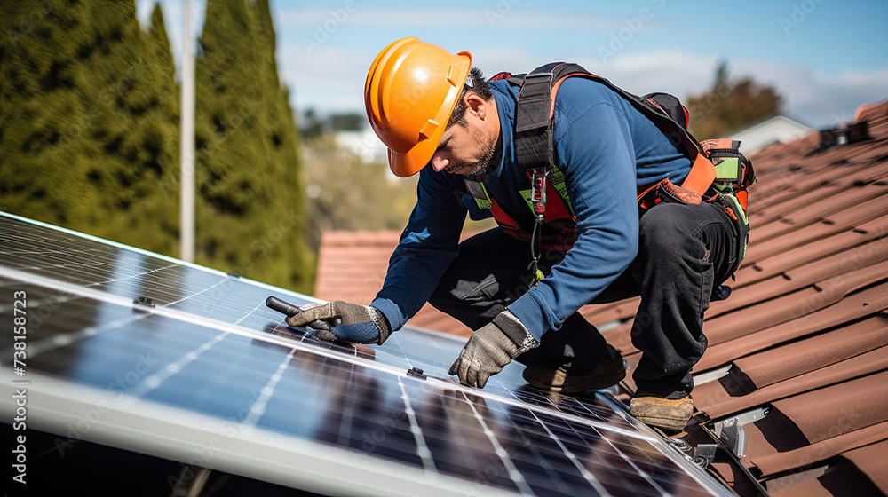 A worker installs solar panels on the roof of a house. Man technician in work gloves installing stand alone solar panel system. Concept of alternative energy and power sustainable resources A worker installs solar panels on the roof of a house. Man technician in work gloves installing stand alone solar panel system. Concept of alternative energy and power sustainable resources