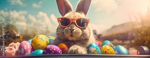 Cute Easter Bunny with sunglasses looking out of a car filed with easter eggs 4K Video photo
