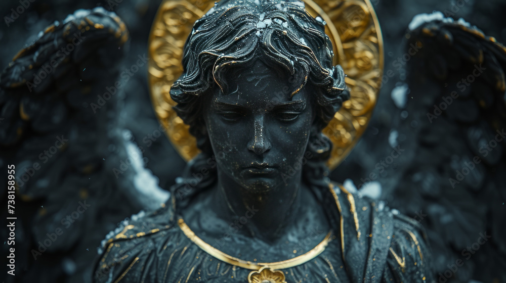 Obraz premium realistic statue of a Saint Michael in black glossy marble with refined details and golden halo